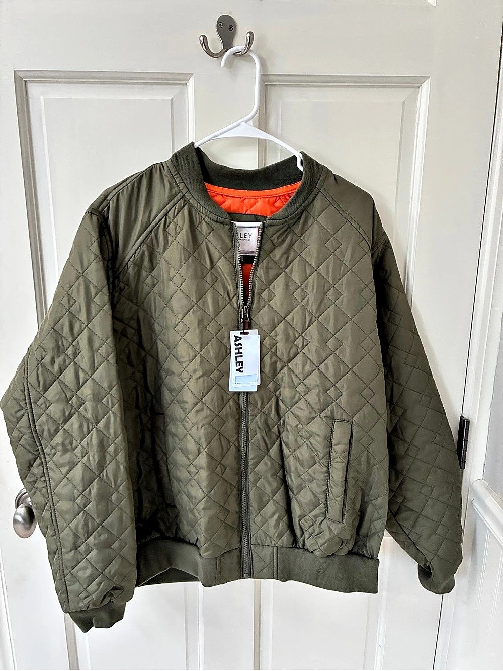 ASHLEY Quilted Bomber Jacket in Green & Orange NWT
